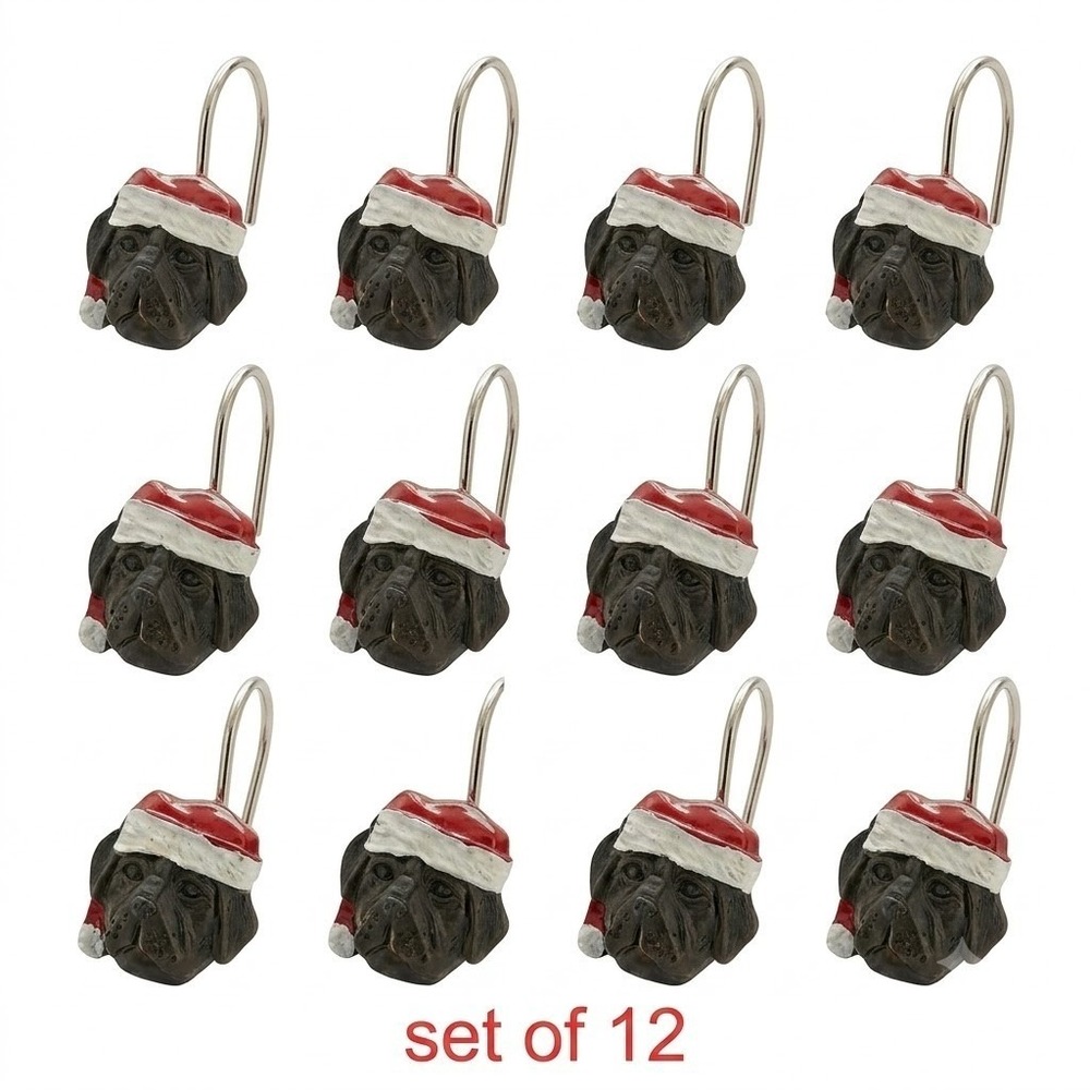 Christmas Black Dog Santa Hat Shower Curtain Hooks Set of 12 Holiday Decor